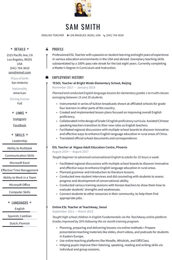 Resume/CV for for English teacher with experience