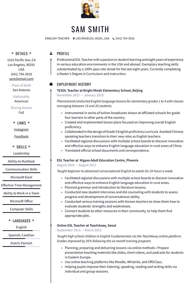 Cv Format For English Teacher Job