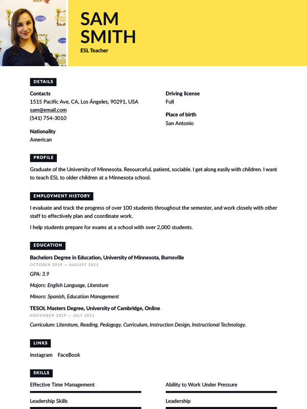 English ESL Teacher Resume Samples Templates And Advice Tefl tesol 