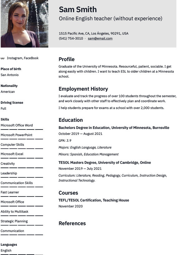 Resume/CV for online English teacher with no experience