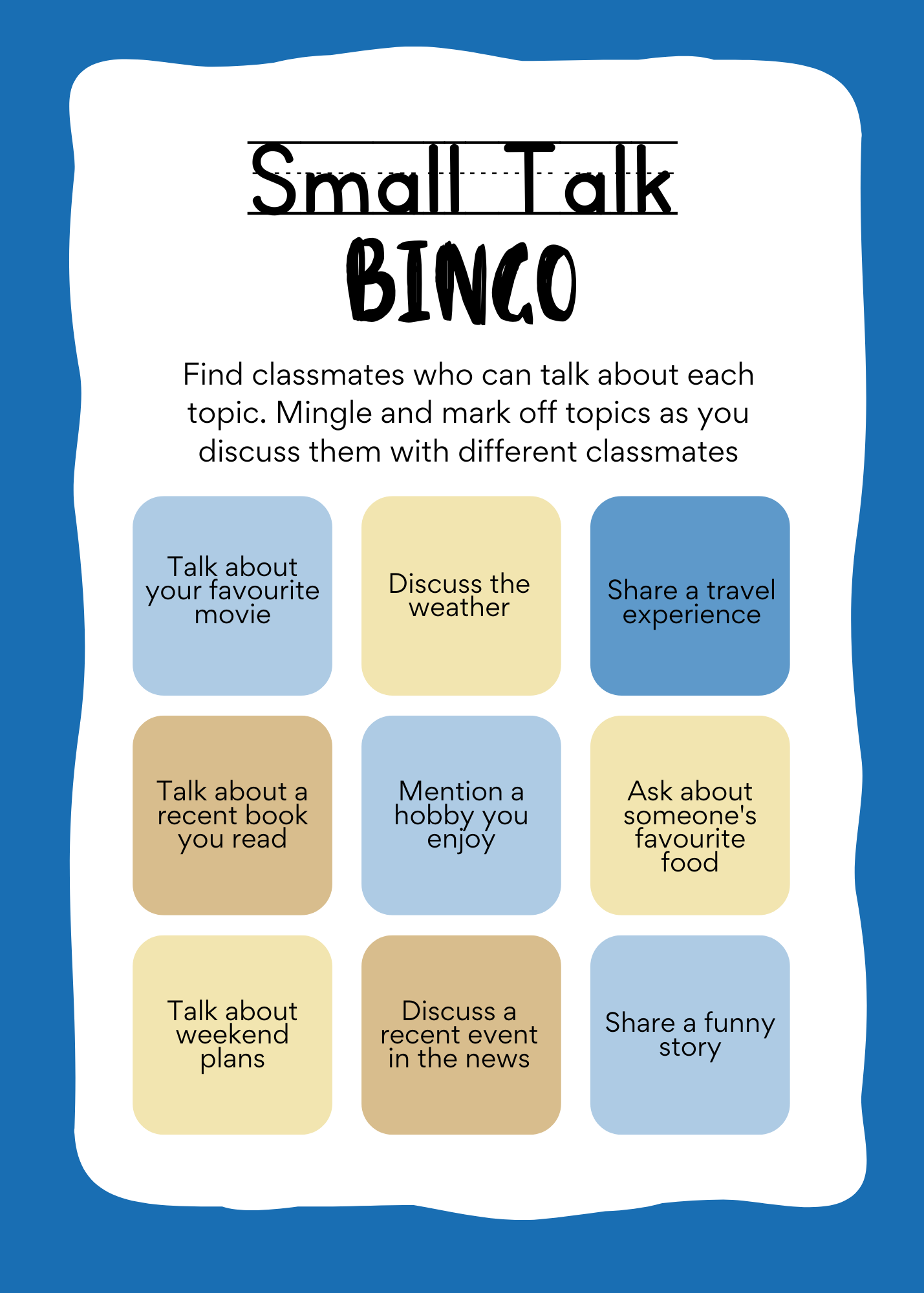 small talk bingo card 1