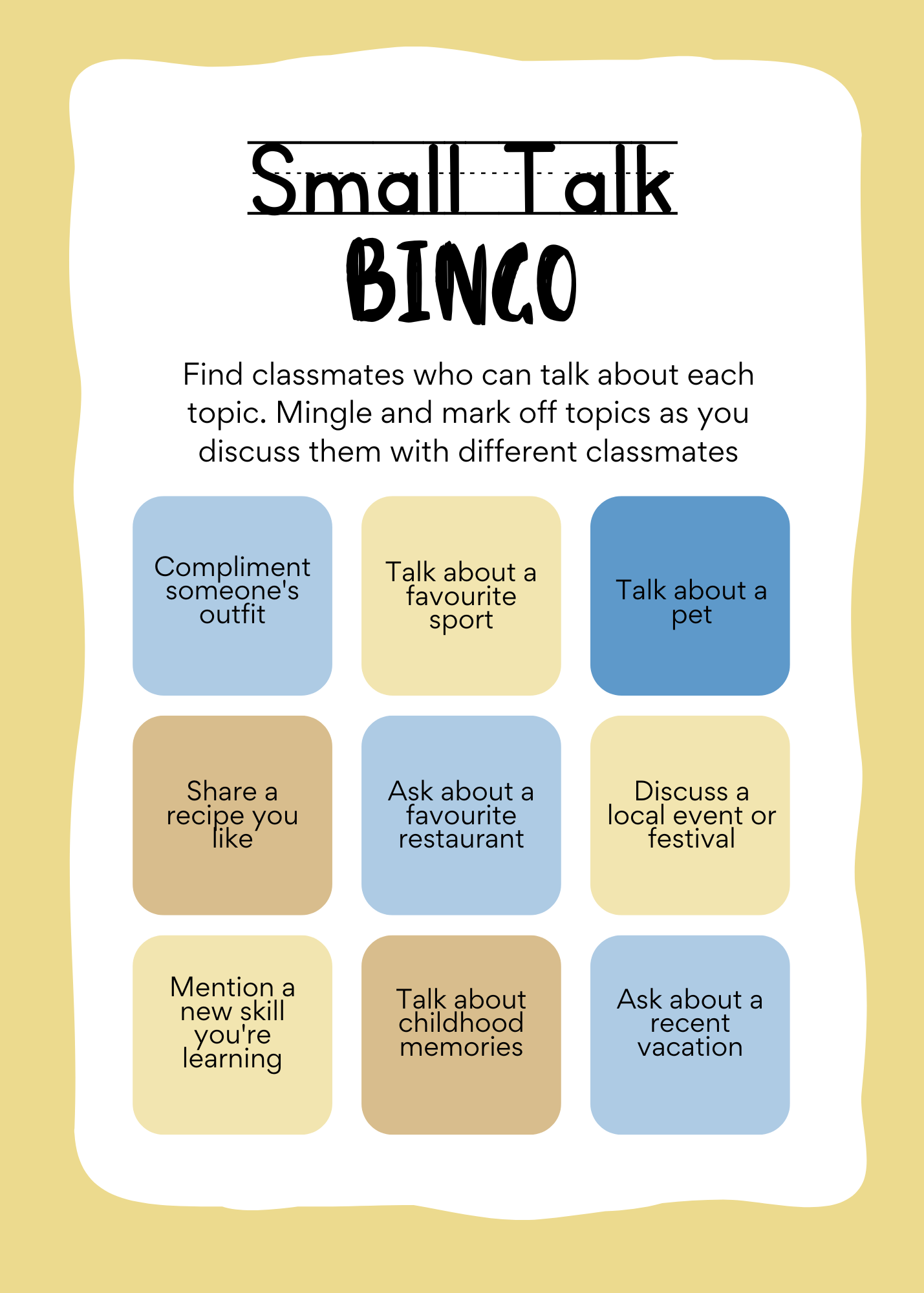 small talk bingo card 2